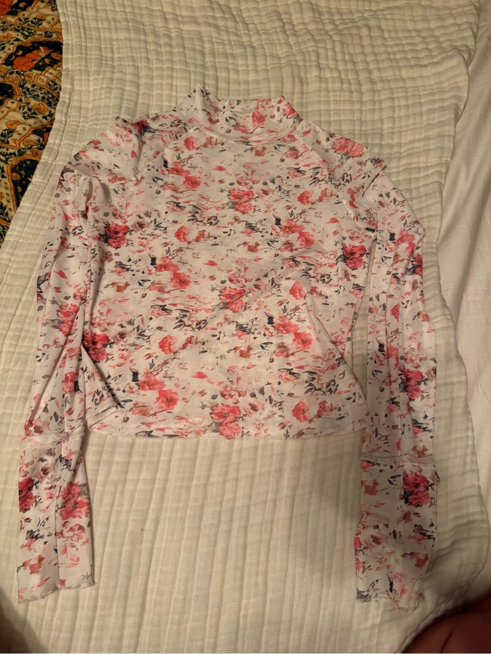 Mock Neck White Floral Mesh Long-Sleeve Top with Pink Blooms